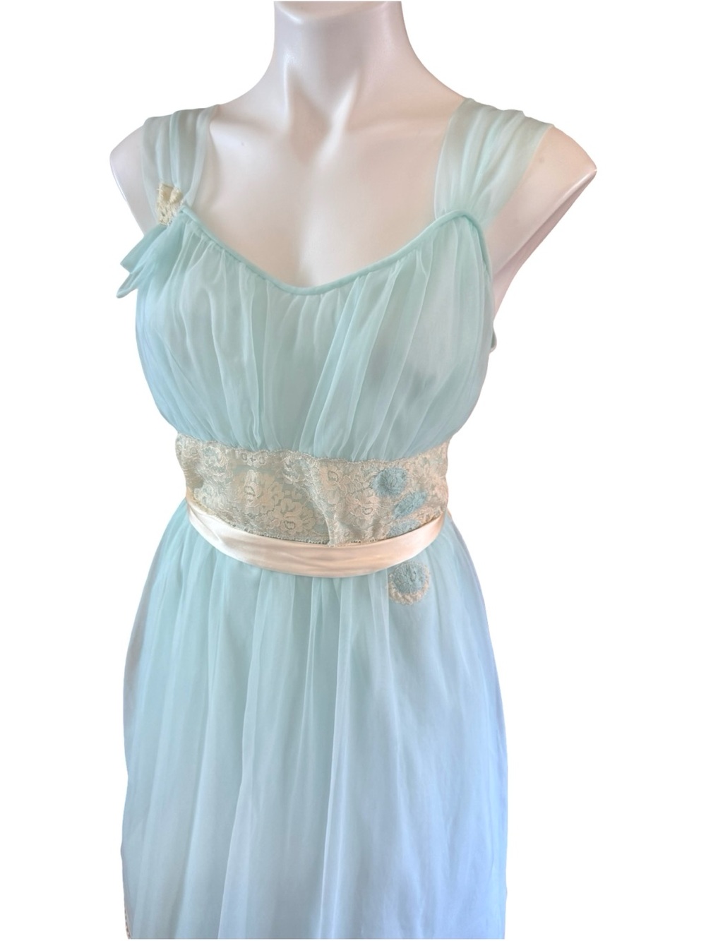 Miss Elaine Vintage Mint Blue Chiffon Lace Nightgown Medium 1960s Babydoll - Picture 4 of 12